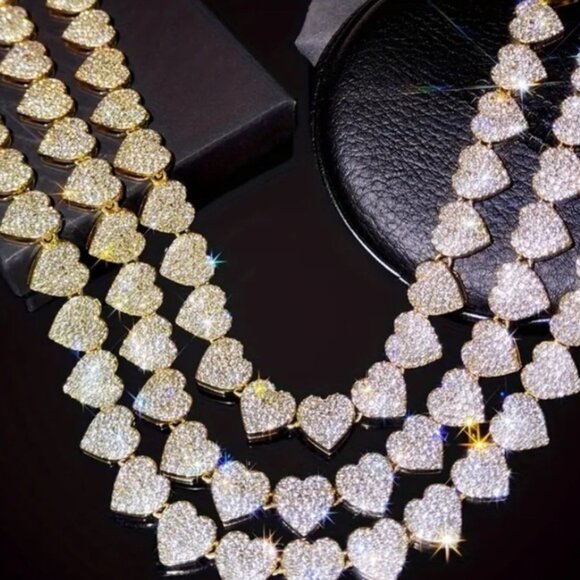 Gold Plated Heart Crystal Necklace Paved, Ice Out, Bling, Choker - Picture 12 of 14